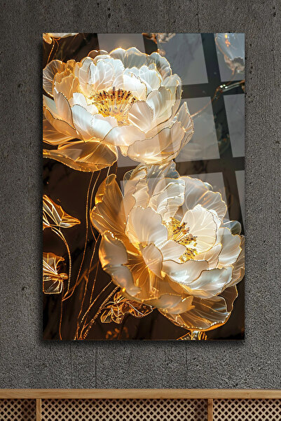 TAULART Masă din sticlă de lux rezistentă la rupere cu model de flori aurii strălucitoare - Decor de perete vertical de lux și modern