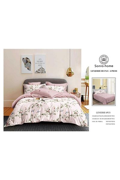 Sonia-home 6-piece satin cotton bedding set – Sonia Home Damask Cherry Blossoms Powder Pink