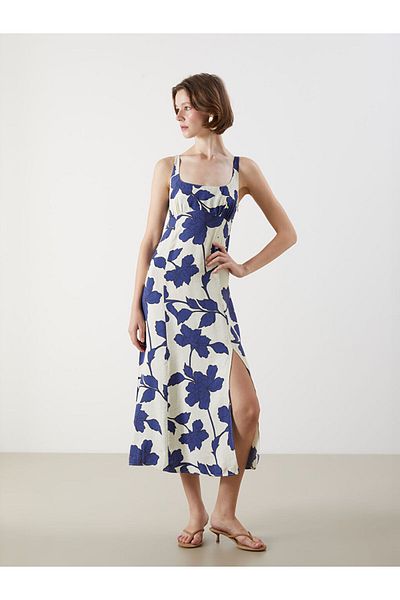 LC Waikiki Navy Blue U-Neck Floral Strap Dress