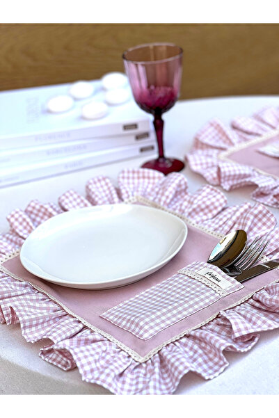 KaiHome Rosy Pocketed Raw Linen Checkered Ruffle Detailed American Service/Supla 2Pcs