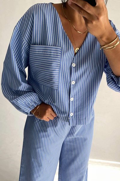 MJAMASS Blue Striped Cotton Pajama Set
