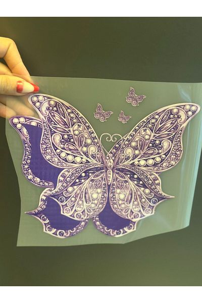 Gönülden Tasarım IMPRIMARE DE TRANSFER DE FLUTURI ETNIC 3D CARE SE ADES FĂRĂ FIER ARMĂ 20X19 CM Violet