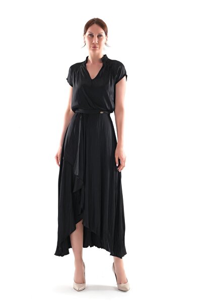 EXPLOSION V Yakalı Kruvaze Kapamalı Saten Midi Boy Elbise