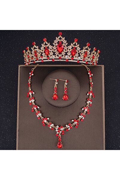 Choice مجموعة مجوهرات الزفاف من التيجان والكريستال الأحمر الباروكي المزين بأح...