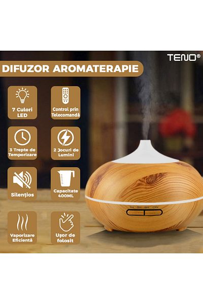 Teno Teno® Aromatherapy Diffuser, 7 LED colors, 2 light effects, 400ml capacity, light oak