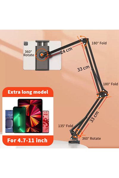 Choice Extended model black Tablet Holder for Bed with 90cm Metal Arm iPad Stand Tablet Bracket 360° Rotati