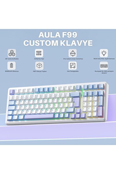 Aula F99 Mekanik Rgb Hot Swap Graywood V4 Switch 3 Modlu Kablosuz Makrolu Türkçe Q Klavye Mavi