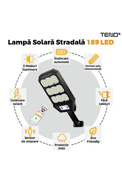 Teno Solar Street Lamp 189 LEDs Teno®, IP65 protection, Waterproof, outdoor, black