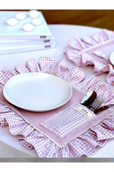 KaiHome Rosy Pocket Raw Linen Checkered Ruffle Detail American Service/ Supla 4PCS