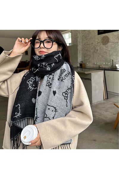 Miniso A New Hello Kitty Neckerchief Kawaii Y2K Girls Winter Day Jk Style Cute Kitty Black Grey Double Sid.