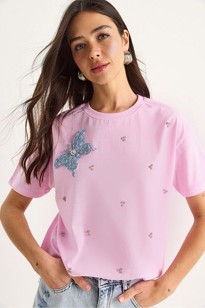 Bianco Lucci Women's Butterfly Accessory Stone Embroidered Short Sleeve T-Shirt 60602036