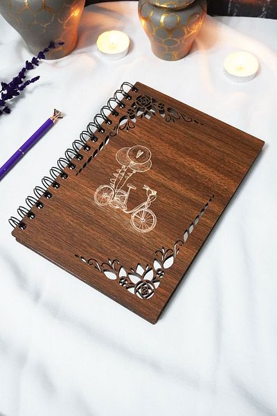 markcat Bicycle Wooden Cover Notebook - Unlined Notebook - 60 Sheets (120 Pages) - A5 15X21 cm