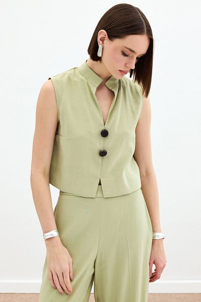 Sateen Blouse with Ornamental Button Detail - Oil Green