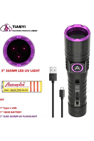 Choice 18650 Lithium Battery Fixed Focus black 3LED 365NM SET UV Flashlight Blacklight, 365nm Ultraviolet B