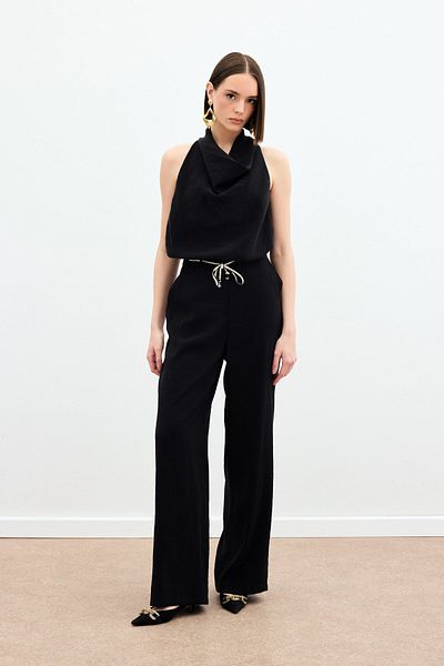 Sateen Knitted Belted Trousers - Black