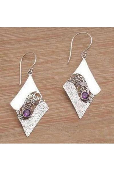 Choice E1764-1 Geometric Shape Unique Design Pattern Carved Decoration Hanging Purple Gemstone Earrings Per