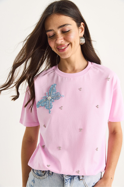 Bianco Lucci Women's Butterfly Accessory Stone Embroidered Short Sleeve T-Shirt 60602036