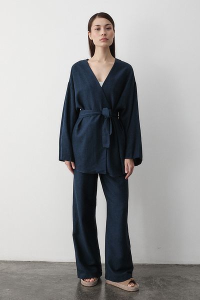 Laluvia Navy Blue Cotton Kimono Wide Leg Trousers Set