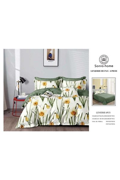 Sonia-home 6-piece satin cotton bedding set – Sonia Home Damask Green Spring Daffodils