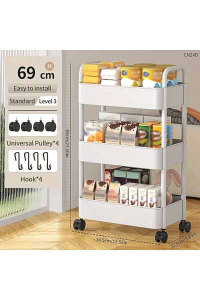 Choice White 3-layer 1 PC 3-Layer Rolling Plastic Storage Cart with Armrests - Space-Efficient Multi-Room O
