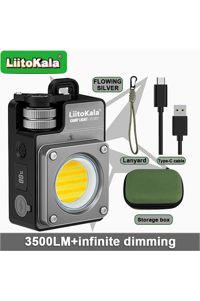 liitokala 18650 Silver LiitoKala Adjustable 3500LM Camping Light, 18650 Battery, 2.5H Charge, 5 Lumen Levels,