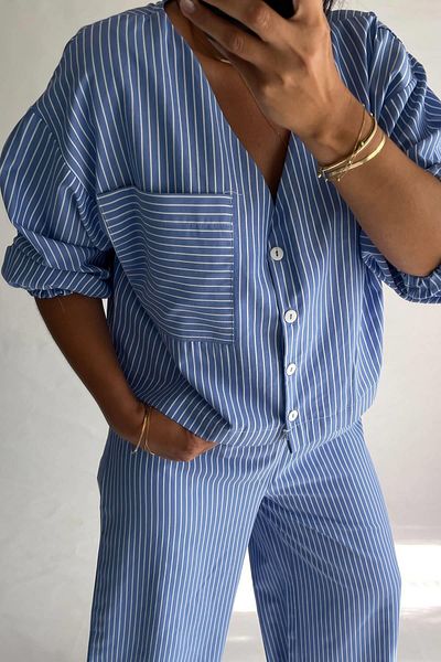 MJAMASS Blue Striped Cotton Pajama Set