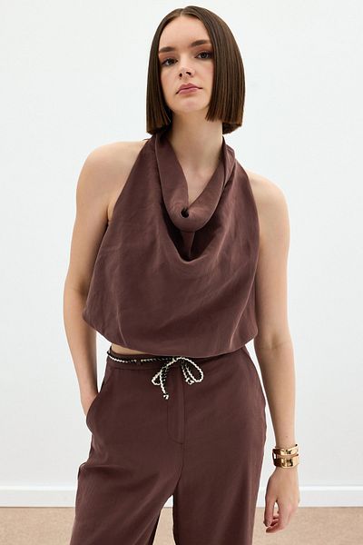 Sateen Degaje Collar Blouse - Brown