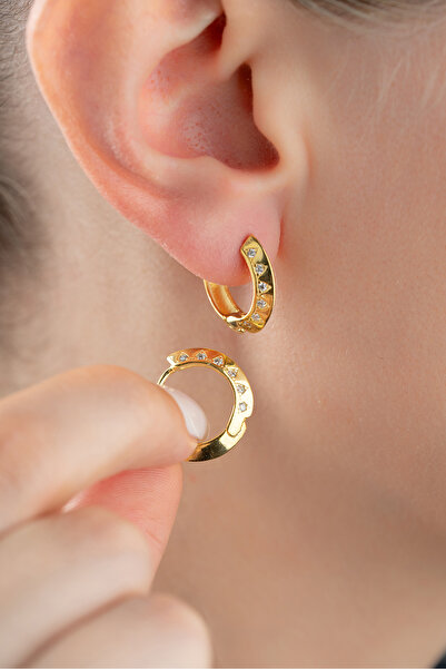 Silvano Jewelry 925 Ayar Gümüş Gold Zirkon Taşlı Halka Küpe