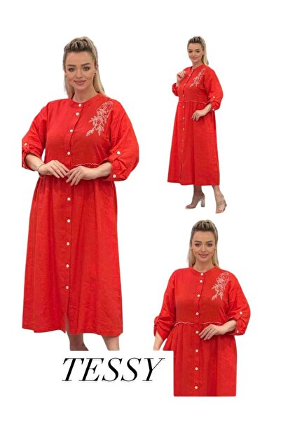 TESSY KADIN BÜYÜK BEDEN NAKIŞLI CEPLİ KETEN UZUN ELBİSE