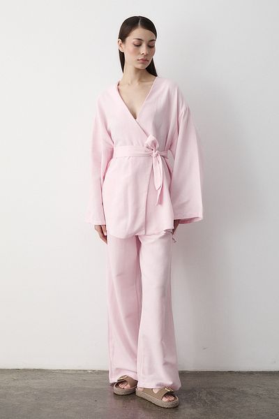 Laluvia Rosafarbenes Baumwoll-Kimono-Hosen-Set mit weitem Bein