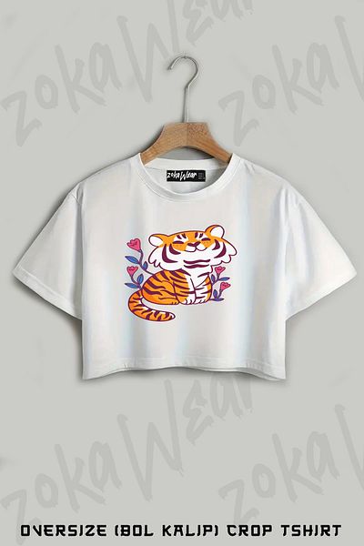 ZOKAWEAR Flower Tiger Printed Oversize Crop T-Shirt