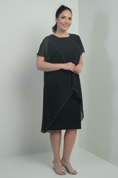 By Saygı Women's Chiffon Top with Stone Detail Lycra Plus Size Glitter Dress