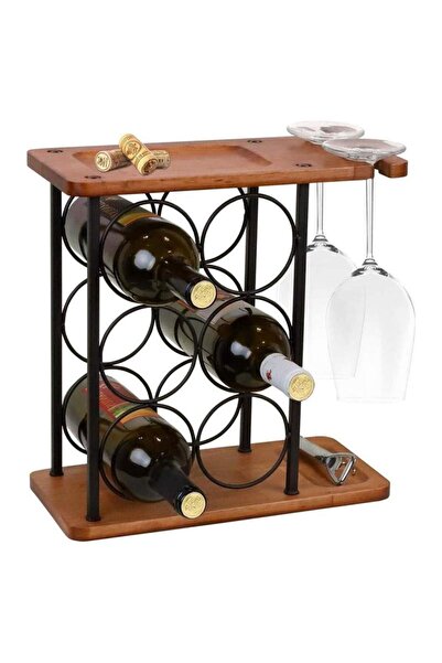 SIKS Suport pentru sticle și pahare de vin, fabricat din lemn și oțel, 6 comp...