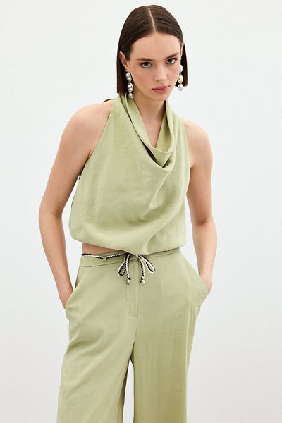 Sateen Degaje Collar Blouse - Oil Green