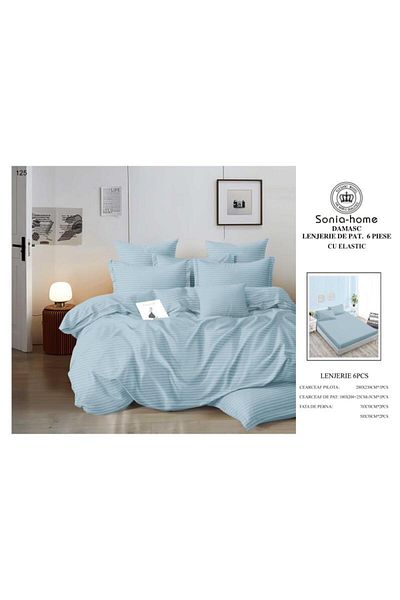 Sonia-home 6-piece satin cotton linen set with elastic – Sonia Home Damasc Bleu