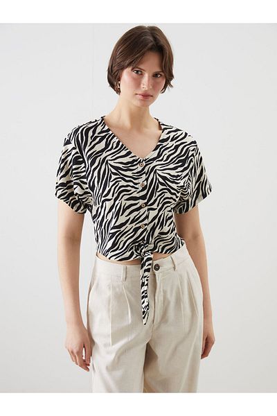 LC Waikiki Black V-Neck Zebra Patterned Blouse