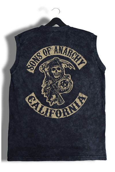 Fuddy Moda Sons Of Anarchy με στάμπα πλάτης που πλένεται αμάνικο μπλουζάκι, Unisex Soa Written Zero Sleeve Vintage Singlet