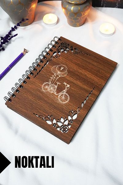 markcat Bicycle Wooden Cover Notebook - Dotted Notebook - 60 Sheets (120 Pages) - A5 15X21 cm