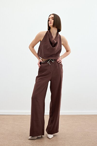Sateen Örgü Kemerli Pantolon - Kahve