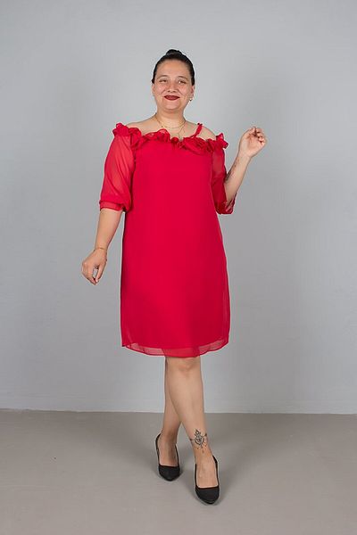 Truva XXL Rose Detail Neckline Red Chiffon Dress - Plus Size Elegant and Flighty Chic!