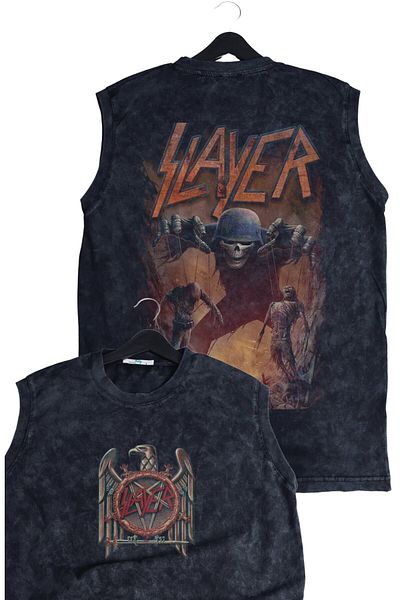 Fuddy Moda Unisex Rock Band Slayer με στάμπα πλάτης που πλένεται αμάνικο vintage μπλουζάκι