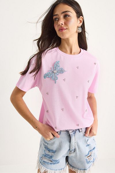 Bianco Lucci Women's Butterfly Accessory Stone Embroidered Short Sleeve T-Shirt 60602036