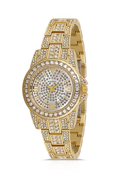 Polo Air Double Clip Luxury Stone Women's Wristwatch Gold Color Pl-1551B1X