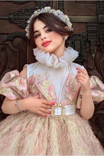 Riccotarz Girls' Clown Collar Off-Shoulder Balloon Sleeve Skirt Crumpled V-Cut Detailed Powder Evening Dress