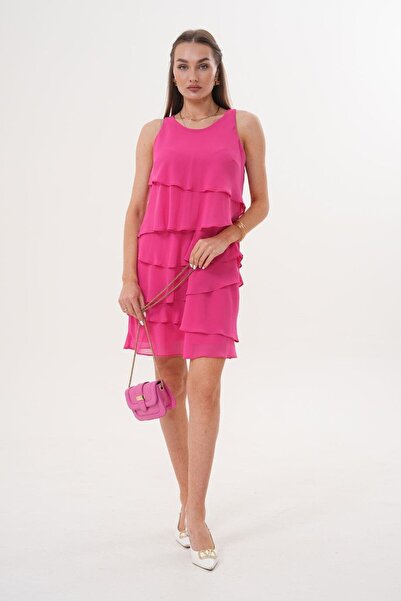Flame İstanbul Butik Kat Kat Şifon Fuşya Elbise MCK5021