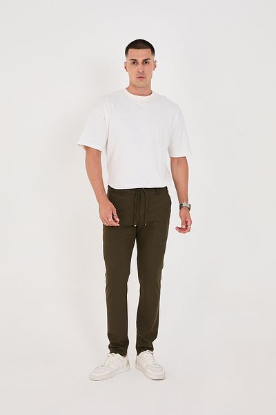 BROCARD Men's Jogger Slimfit Waist Half Elastic Khaki Fabric Trousers