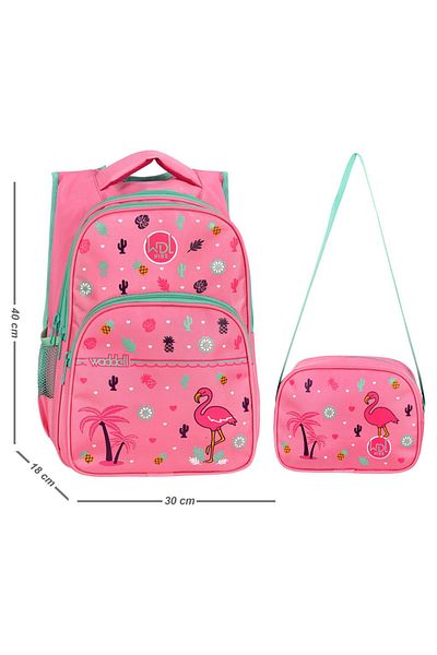 KAFF Pink Flamingo Patterned Primary School Bag and Nutrition Girl's Set of 2 Primary School Bags - 6010