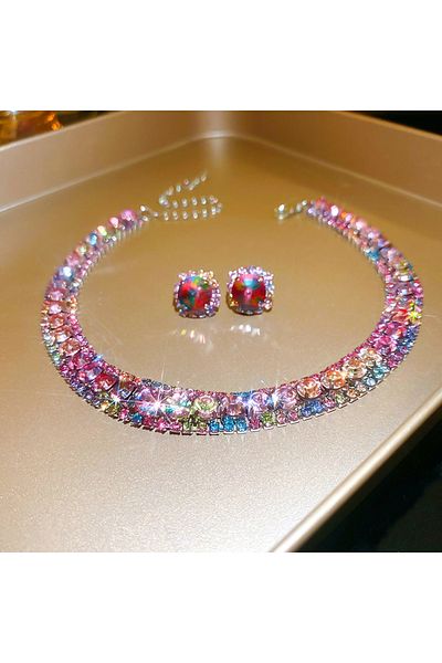 Choice Splicing color 2pcs Emerald Square Earrings Necklace for Women Shining Rhinestone Trendy Versatile H