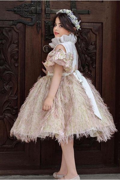 Riccotarz Girls' Clown Collar Off-Shoulder Balloon Sleeve Skirt Crumpled V-Cut Detailed Powder Evening Dress