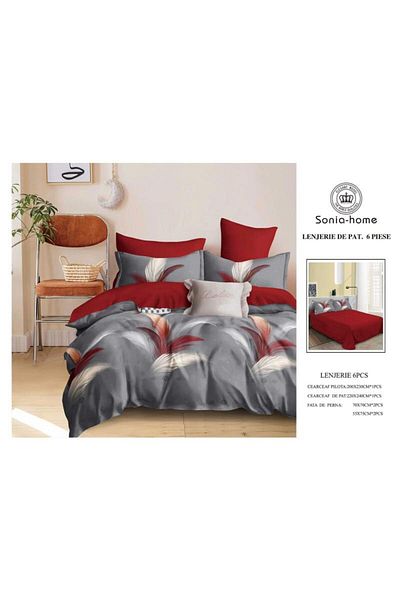 Sonia-home 6-piece satin cotton bedding set – Sonia Home Damask Grey and Red – Dream Touch